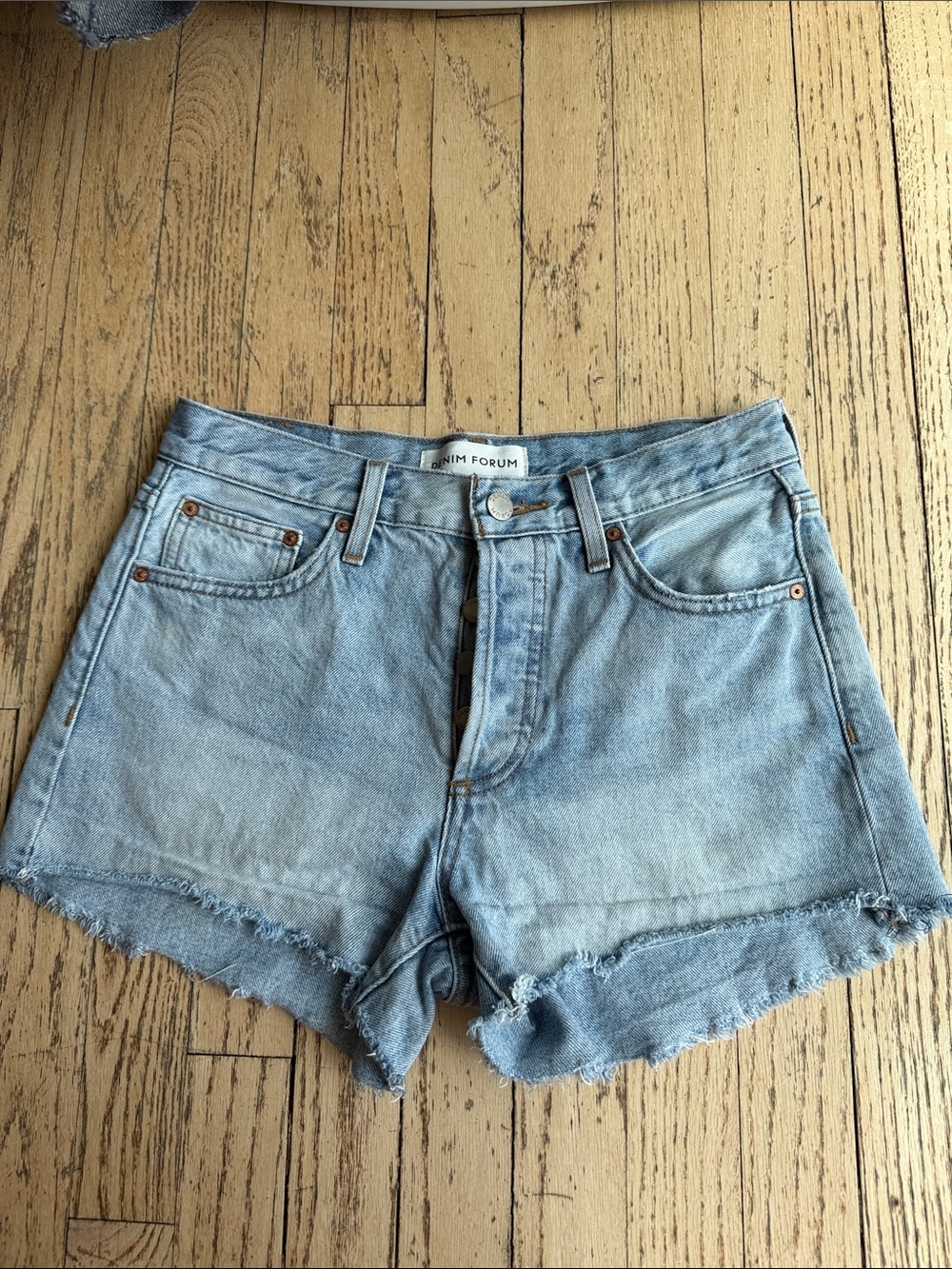 Denim Forum Light Wash High-Rise Frayed Hem Jean Shorts